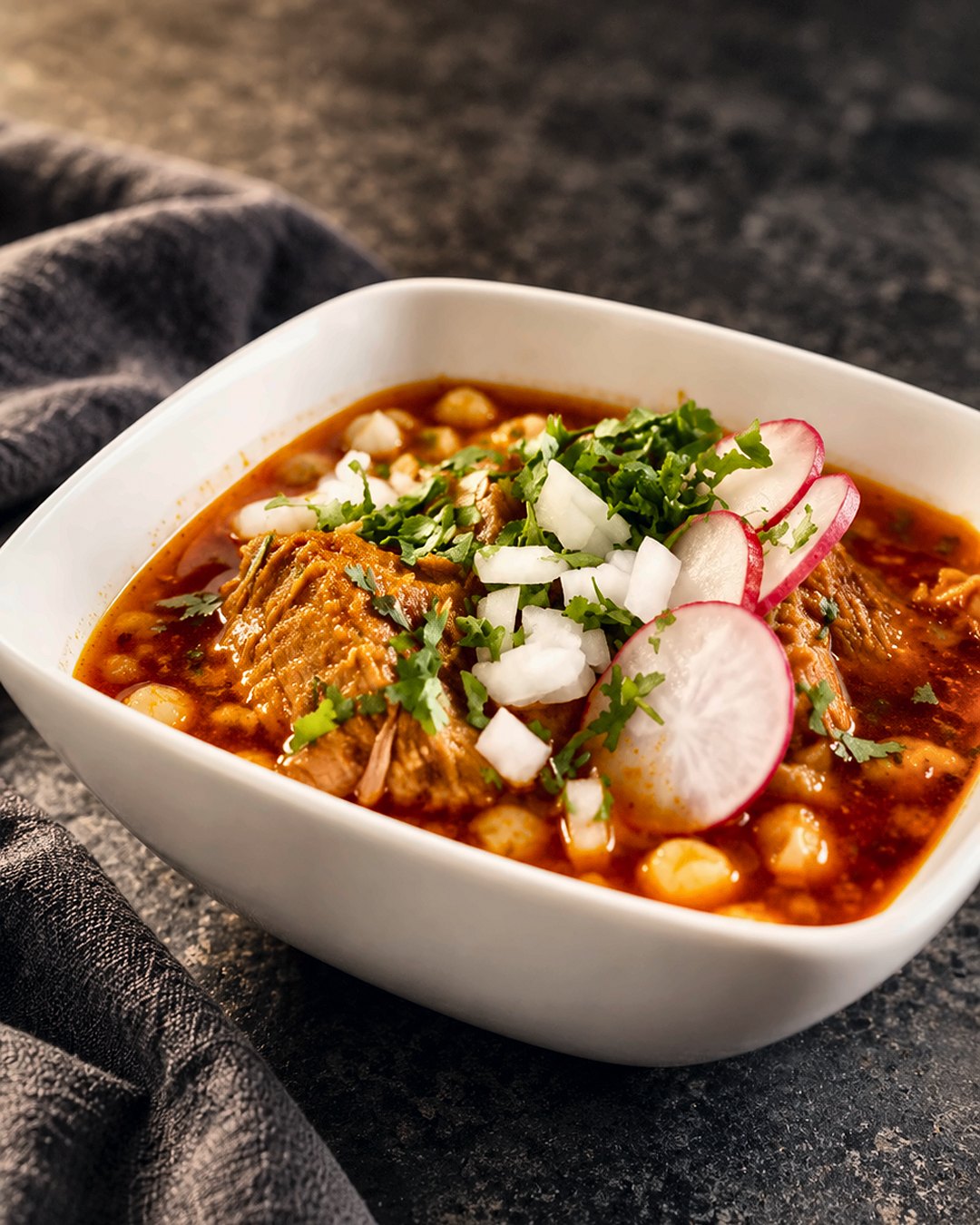 Pozole finished with radish, onion and herbs, cooked by Chef Martin Fassi