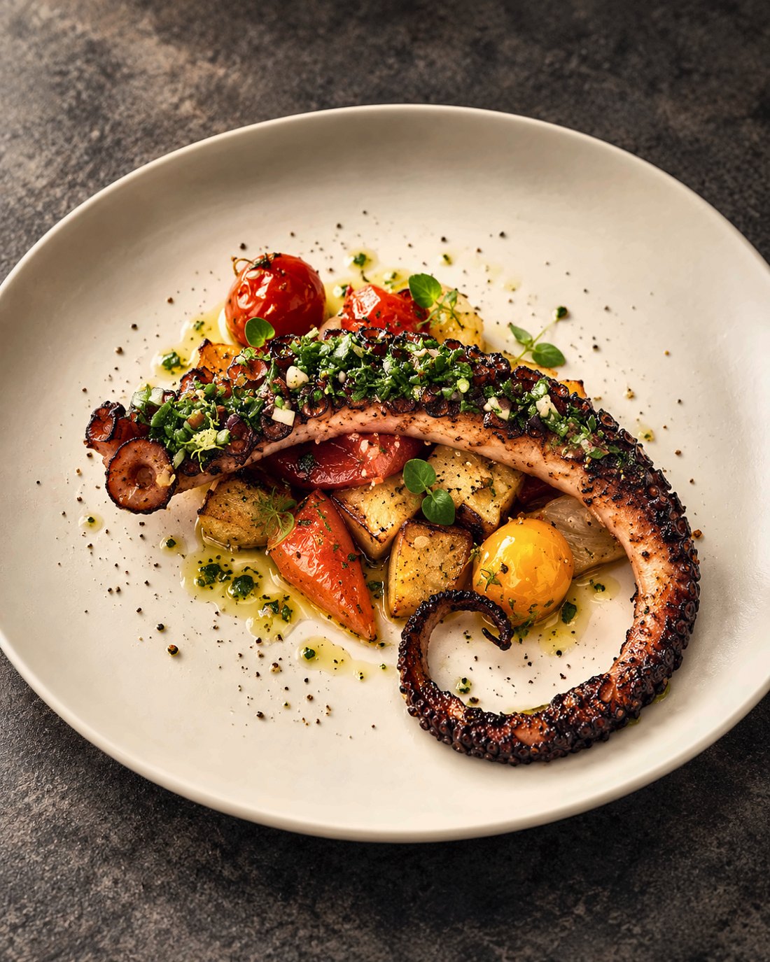 Charred Spanish octopus with confit tomato and salsa verde, plated by Chef Fassi