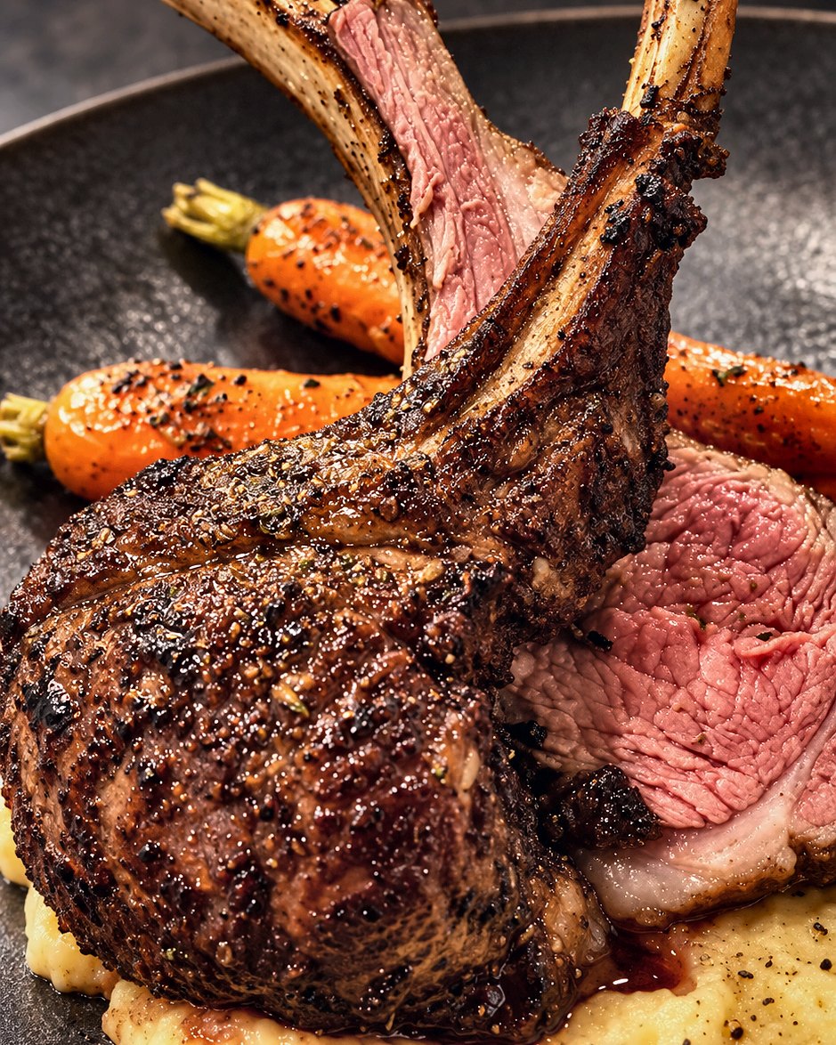 Fire-roasted chop with herb salsa over soft polenta, plated by Chef Martin Fassi