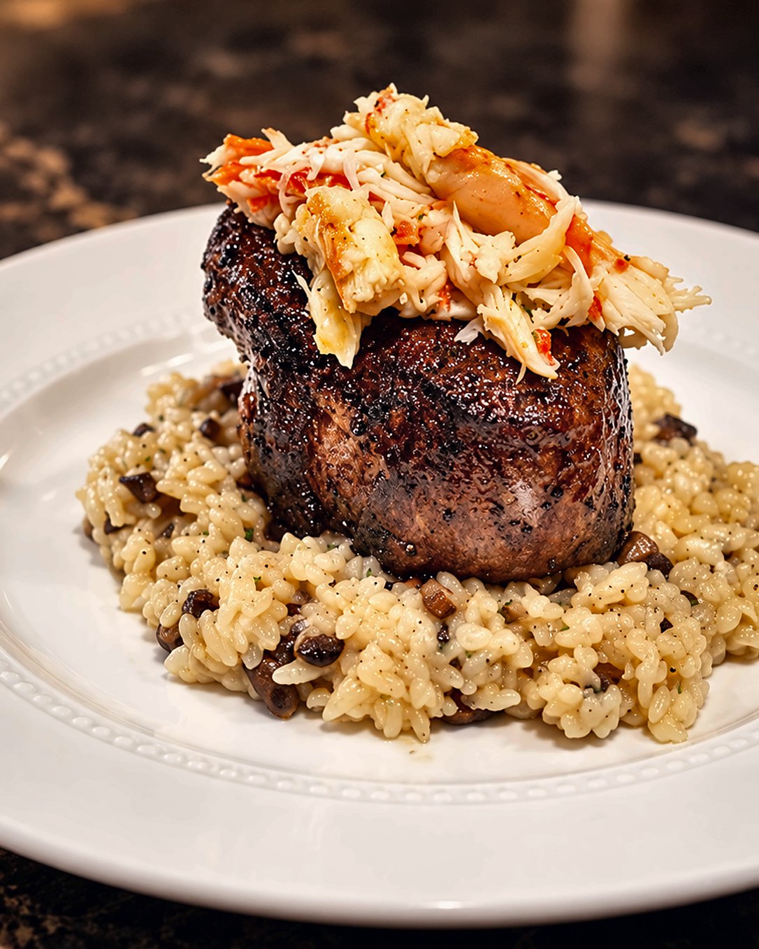 Filet with lump crab over truffled risotto, plated by Chef Martin Fassi