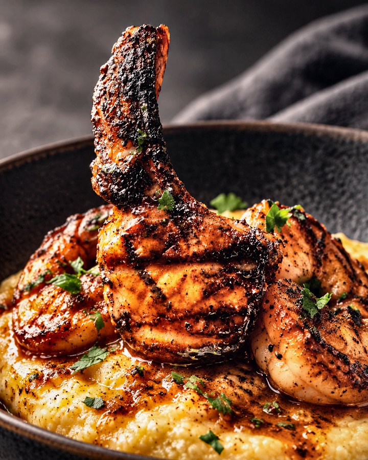 Glazed chicken finished over fire with stone-ground grits by Chef Martin Fassi
