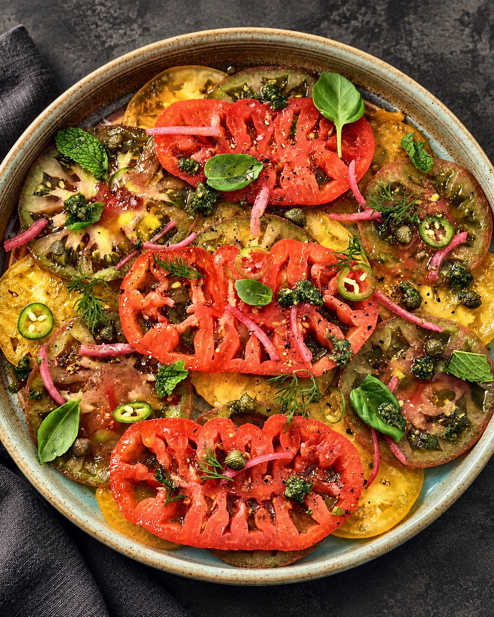 Heirloom tomato salad with basil and pickled onion by Chef Fassi