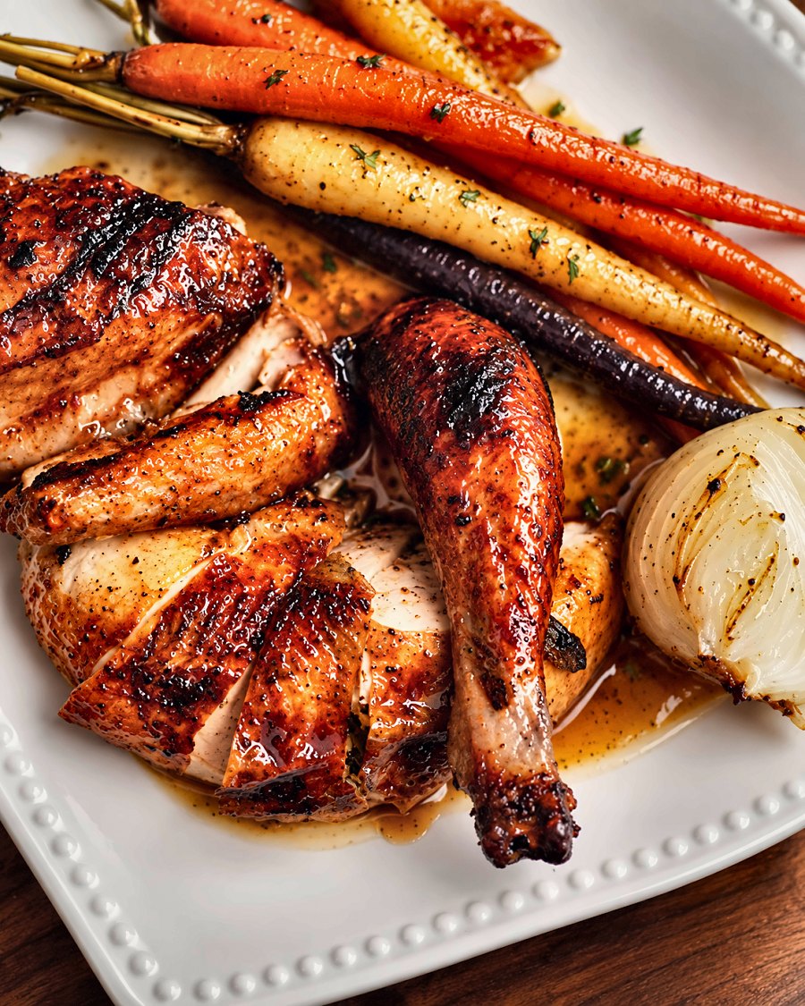 Roast chicken carved onto the platter with glazed root vegetables, by Chef Martin Fassi