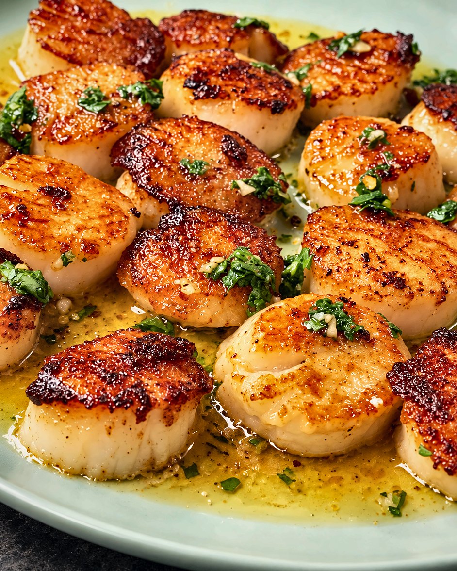 Platter of seared scallops in herb butter, plated for service by Chef Fassi