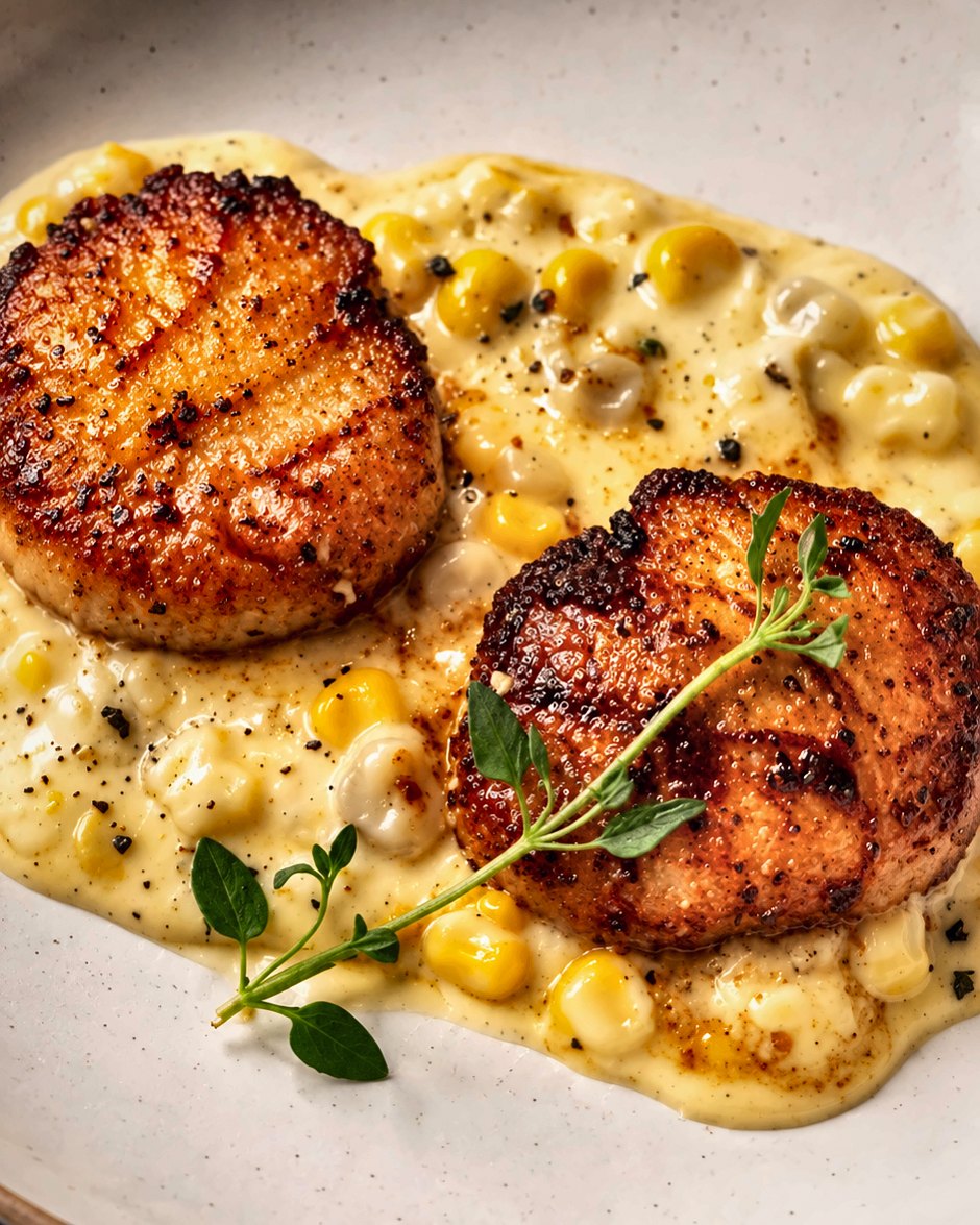 Seared scallops with sweet corn, plated by Chef Martin Fassi in Houston