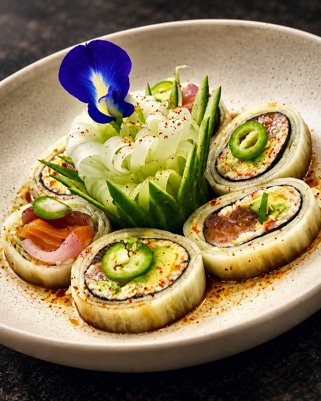 Cucumber-wrapped maki with smoked salmon and jalapeno by Chef Fassi