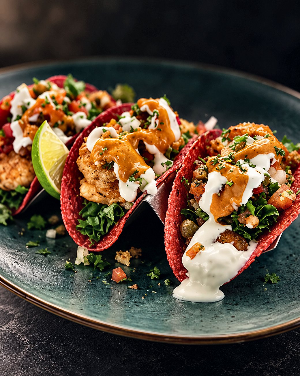 Crisp shrimp tacos with lime crema and salsa by Chef Martin Fassi in Houston