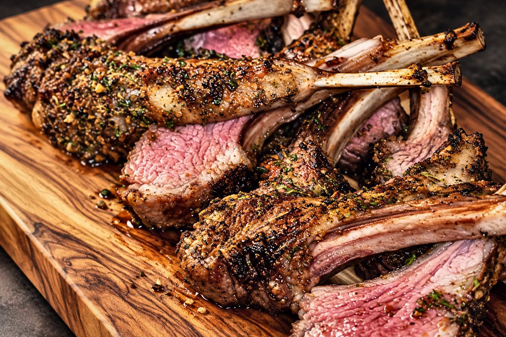 Racks of halal lamb carved on the board for an Eid gathering in Houston by Chef Fassi