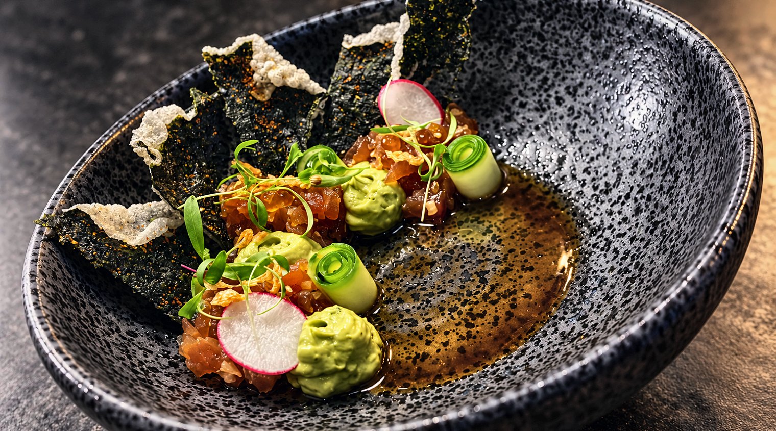 A finished first course by Chef Martin Fassi, private chef in Houston