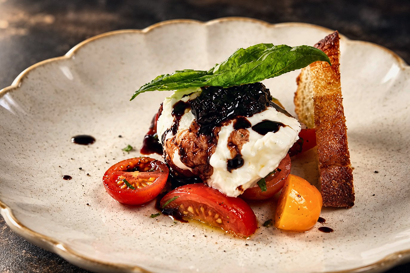 Burrata with heirloom tomato and grilled bread, plated by Chef Fassi in Bellaire