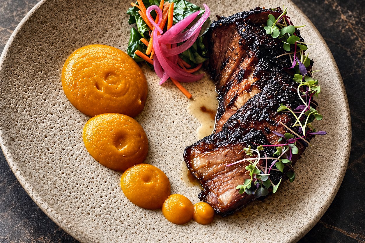 Glazed pork belly with stone fruit, plated by Chef Fassi in Montrose