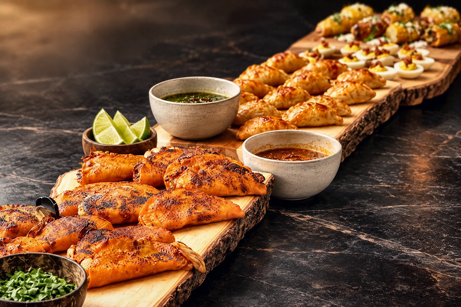 Grilled skewers and flatbread on a long board for a Pearland event by Chef Fassi