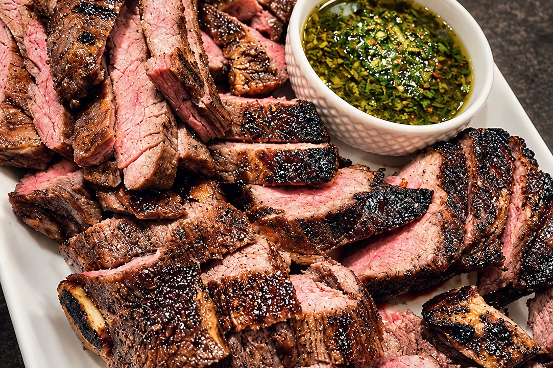 Sliced steak platter with chimichurri for a Piney Point dinner by Chef Fassi