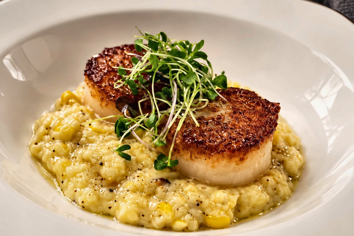 Seared scallop over sweet corn risotto, plated by Chef Fassi in River Oaks