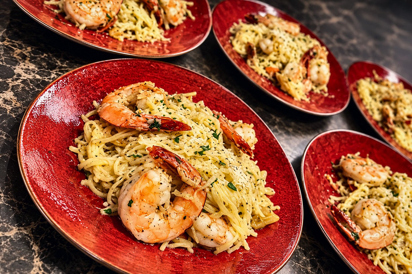 Shrimp pasta plated in courses for a Sugar Land dinner by Chef Fassi