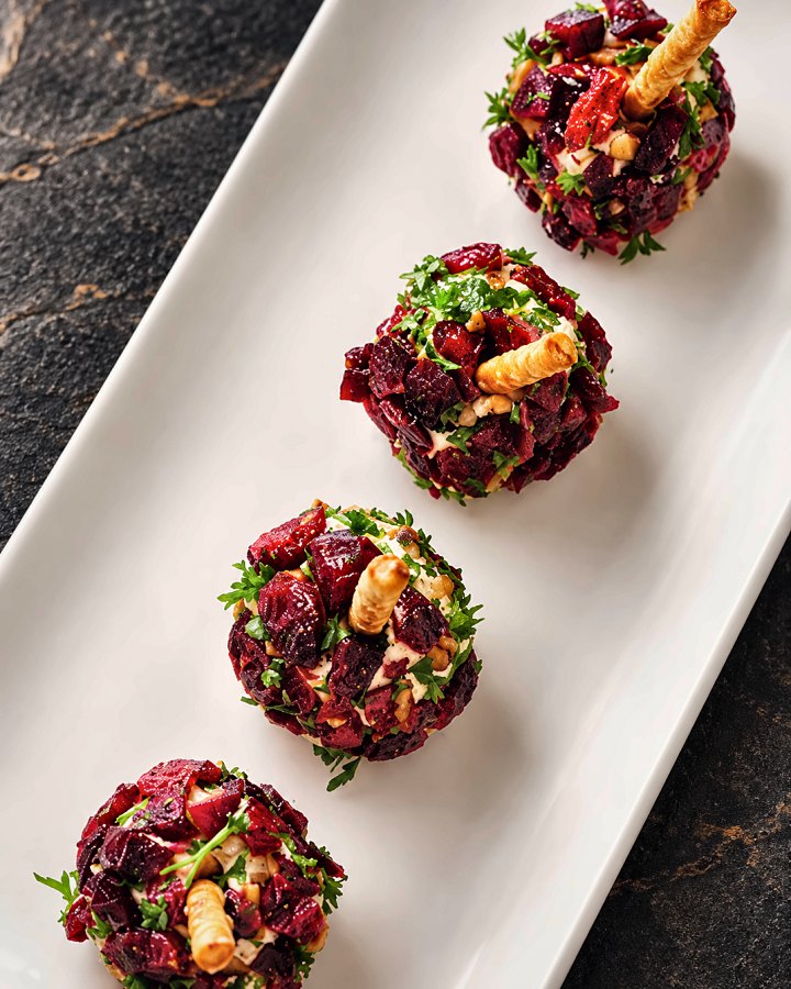 Beet tartare canapes plated for a Houston wedding weekend by Chef Fassi